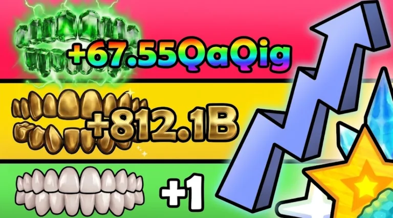 Teeth upgrade art showing a starter +1 bite growing toward much larger bite totals